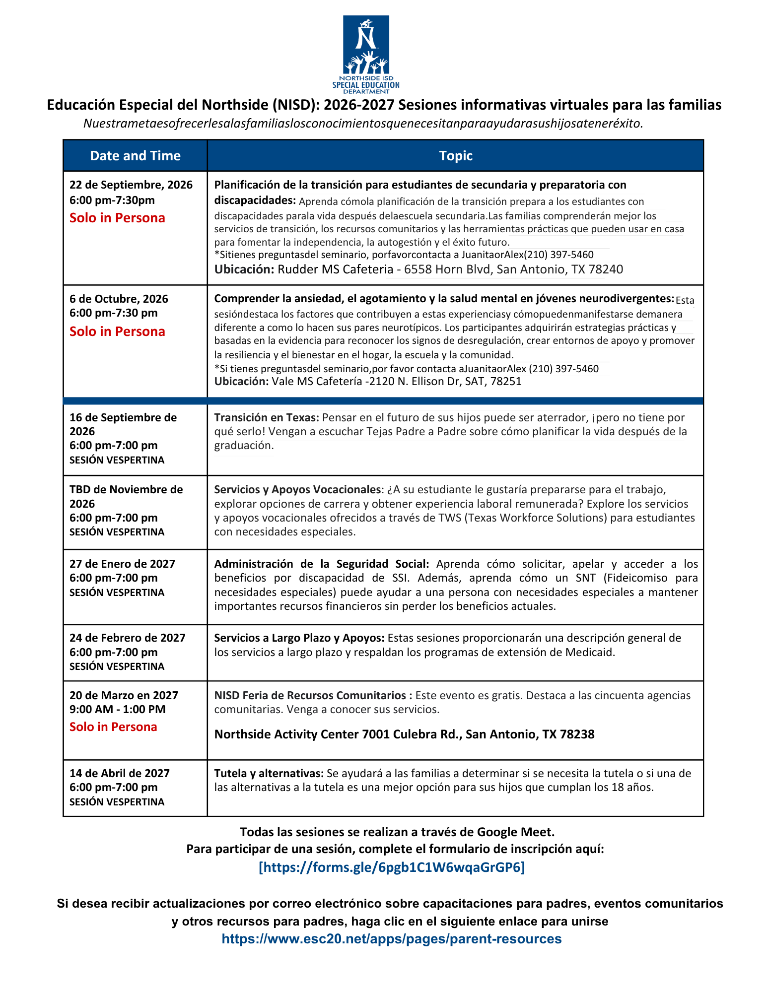 Northside ISD Special Education: 2026-2027 Virtual Family Information Sessions - Spanish