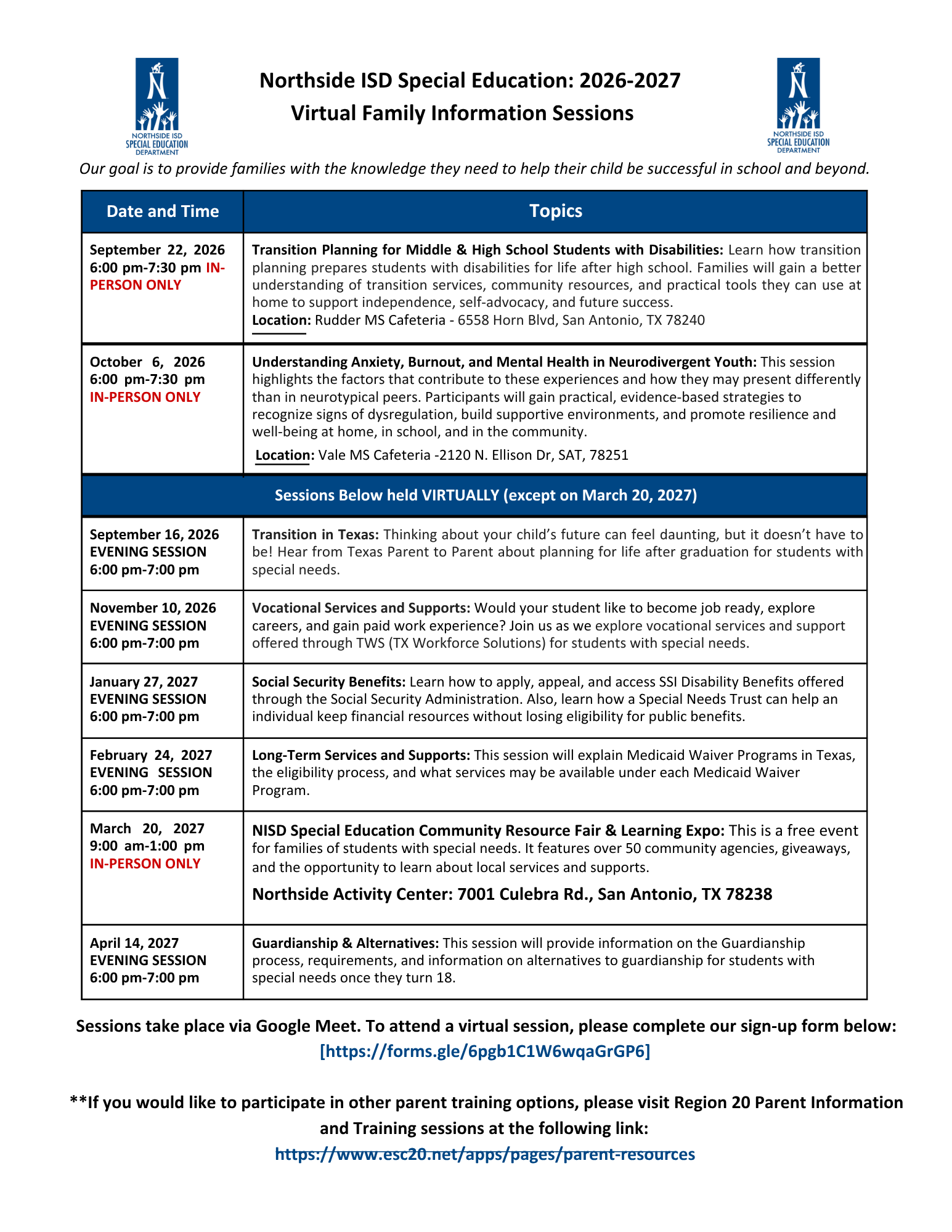 Northside ISD Special Education: 2026-2027 Virtual Family Information Sessions