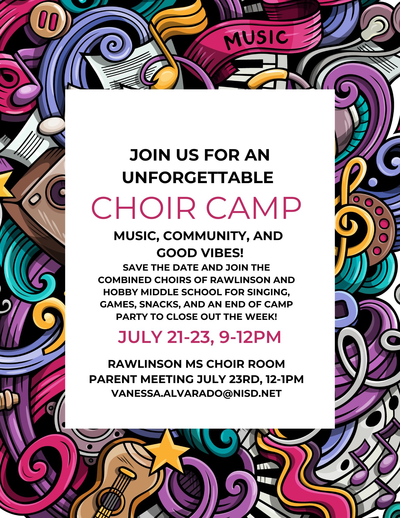 Flyer for Choir Camp at Hobby Middle School