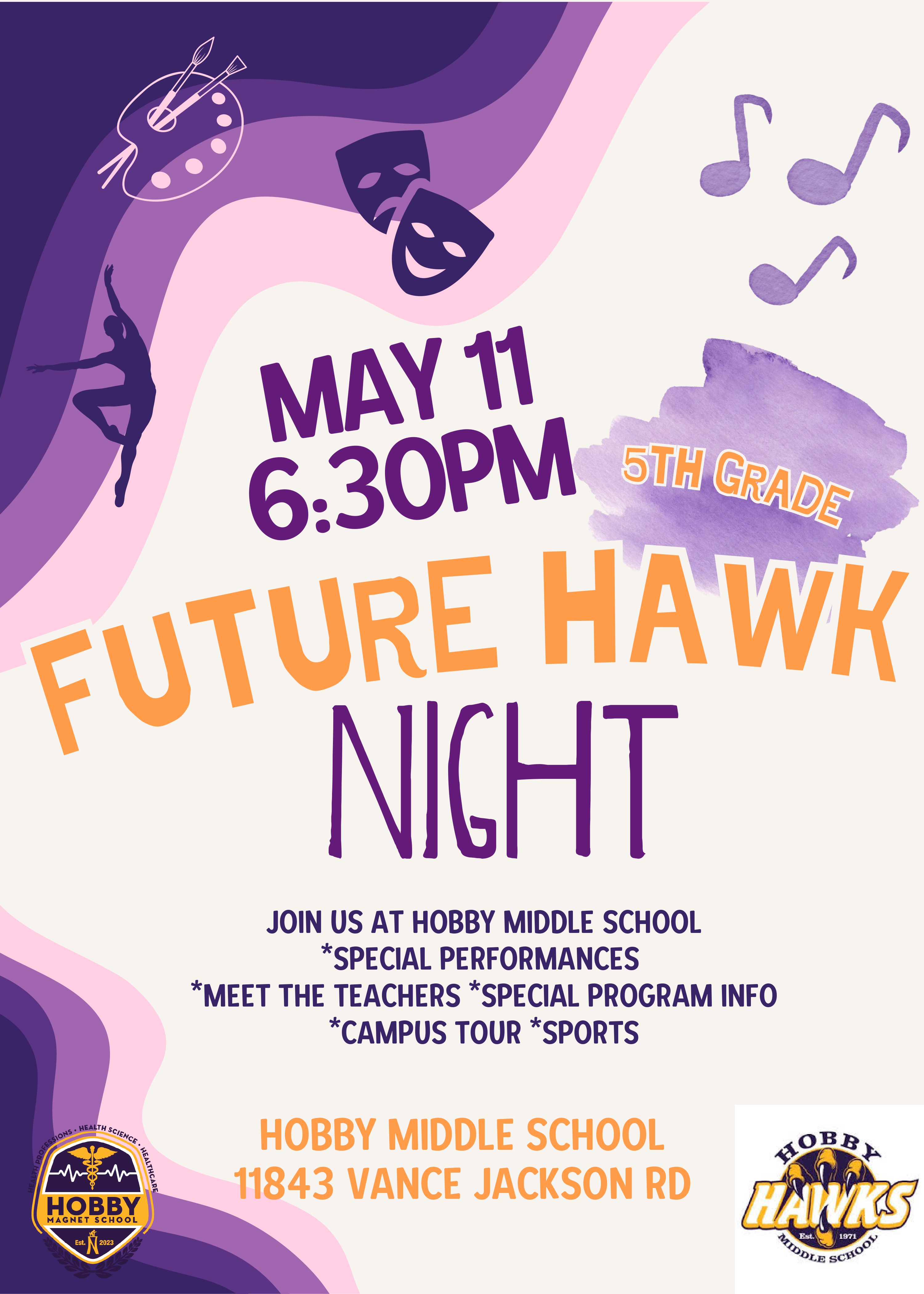 purple and white background with different elective icons (dance, theatre, etc) along the top. Purple and yellow lettering stating Future Hawk Night