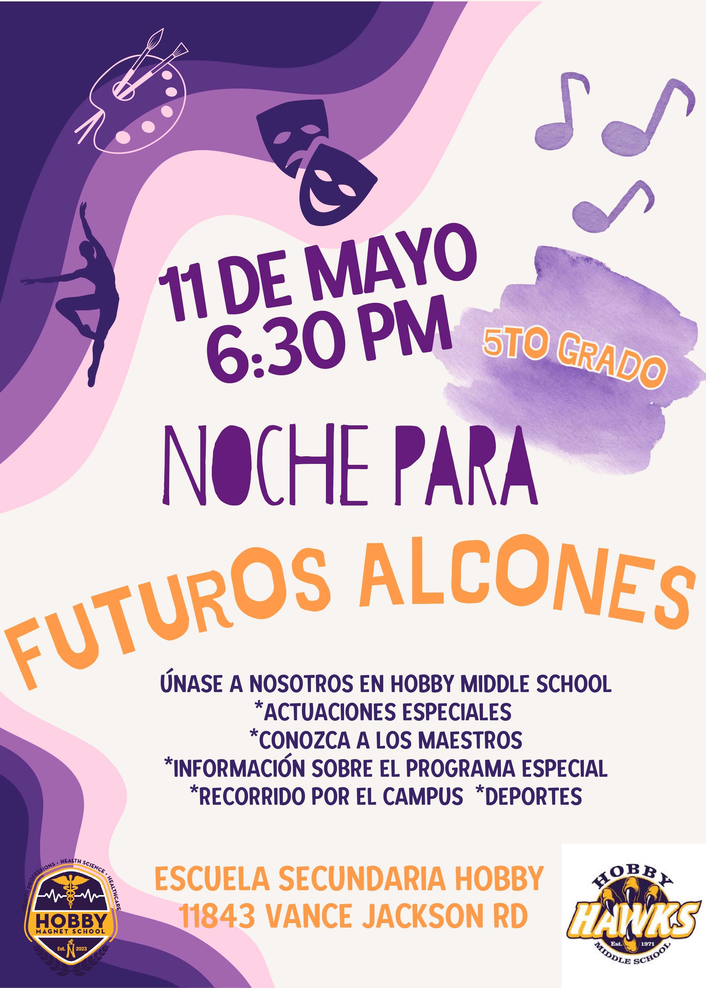 purple and white background with different elective icons (dance, theatre, etc) along the top. Purple and yellow lettering stating Future Hawk Night in Spanish