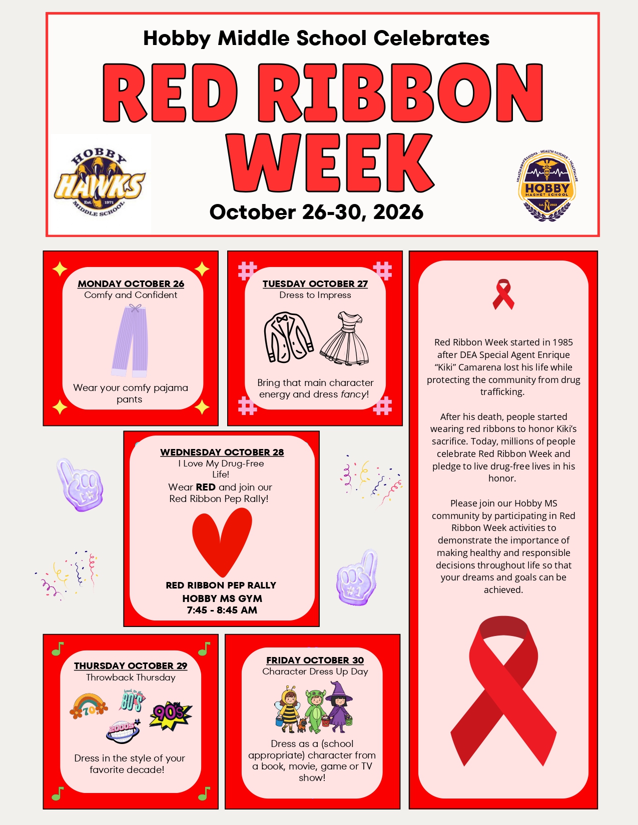 Red Ribbon week flyer with red text explaining the events. Red ribbon on the top with logos of Hobby Middle School