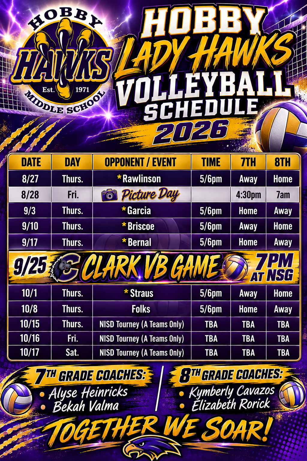 Purple and gold 2026 - 2027 volleyball schedule. Has a table with white lettering and big bold yellow and purple lettering detailing the schedule