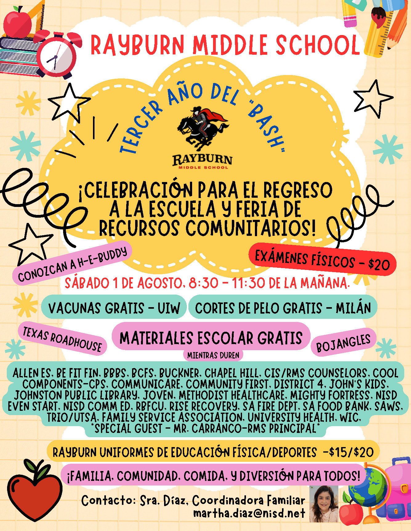 ¡Fiesta de Regreso a Clases!  Sábado 1 de agosto De 8:30 a. m. a 11:30 a. m.  ¡Haz clic aquí para obtener más información!