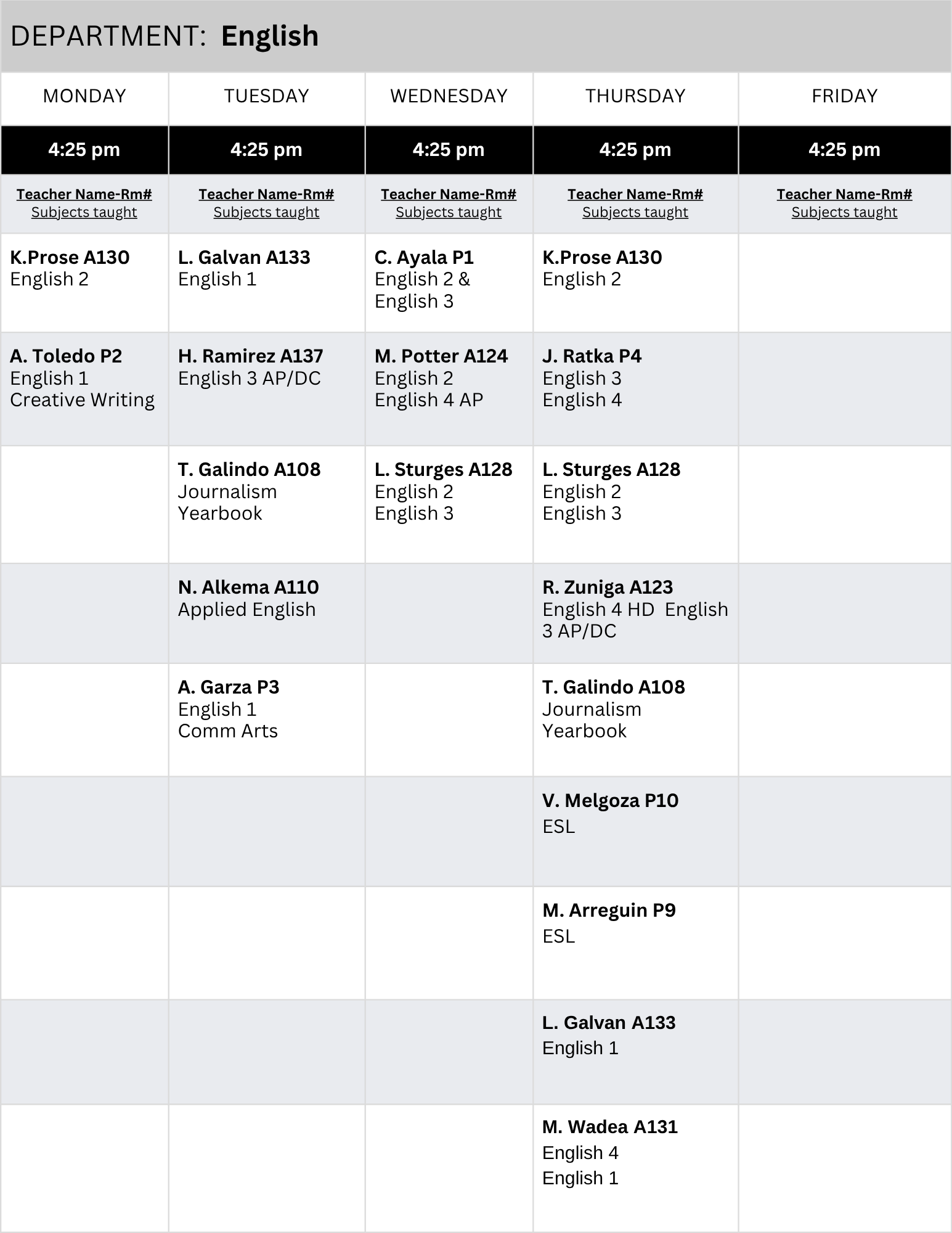 English/ESL Tutoring Schedule