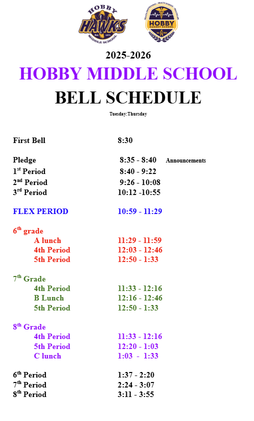 Hobby Middle School Bell Schedule. Image links to a pdf version of the bell schedule.