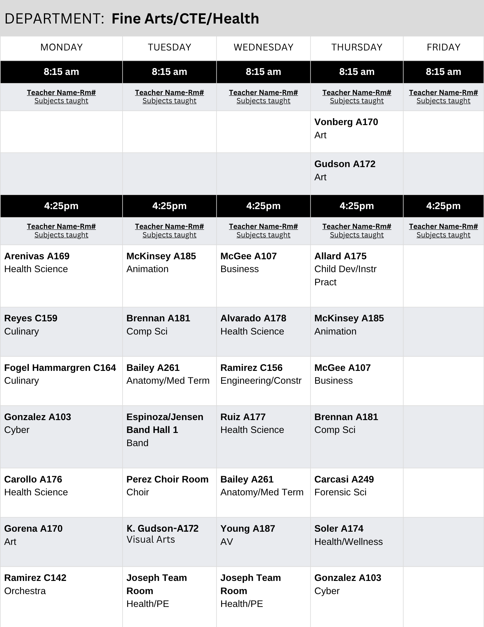 Fine Arts/CTE/Health Tutoring Schedule