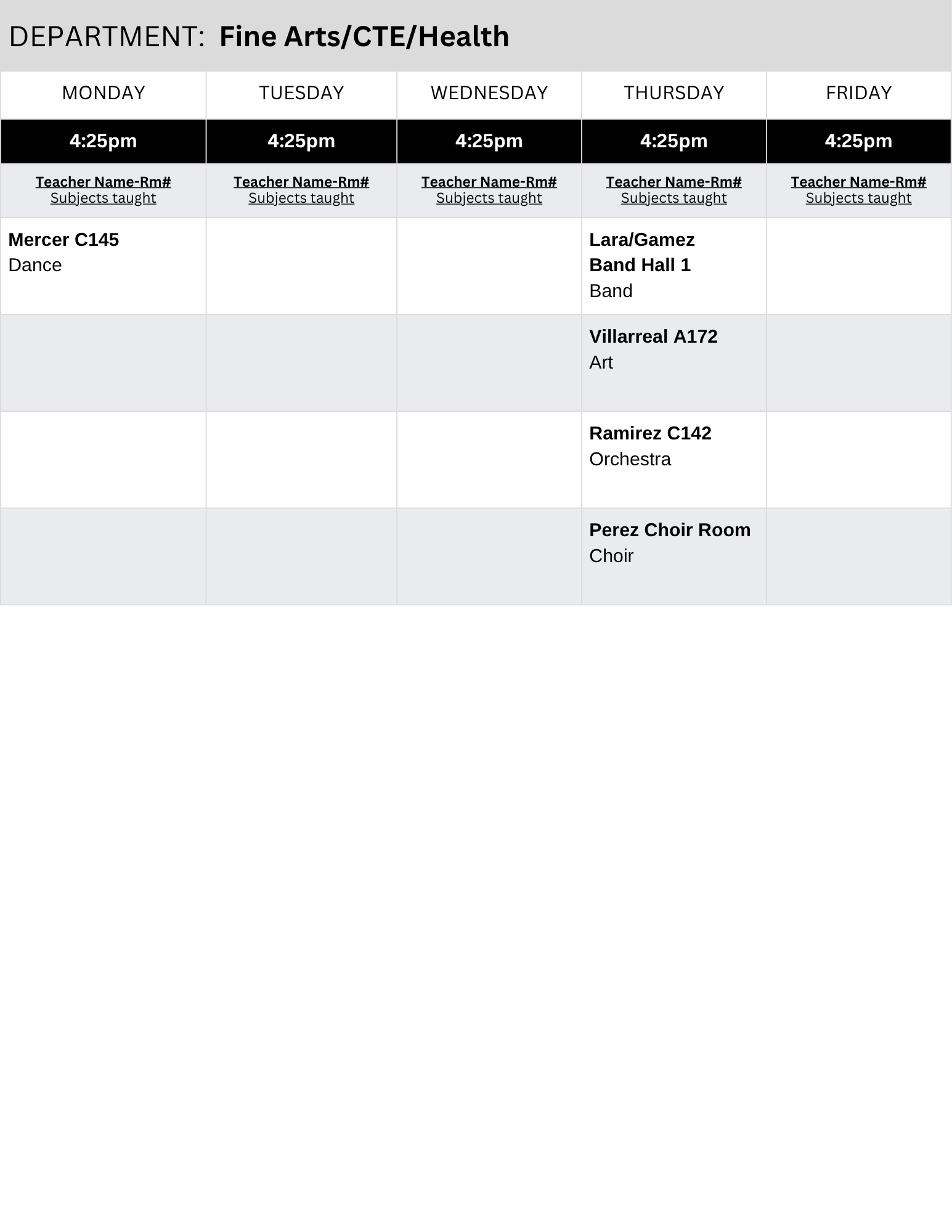 Fine Arts/CTE/Health Tutoring Schedule
