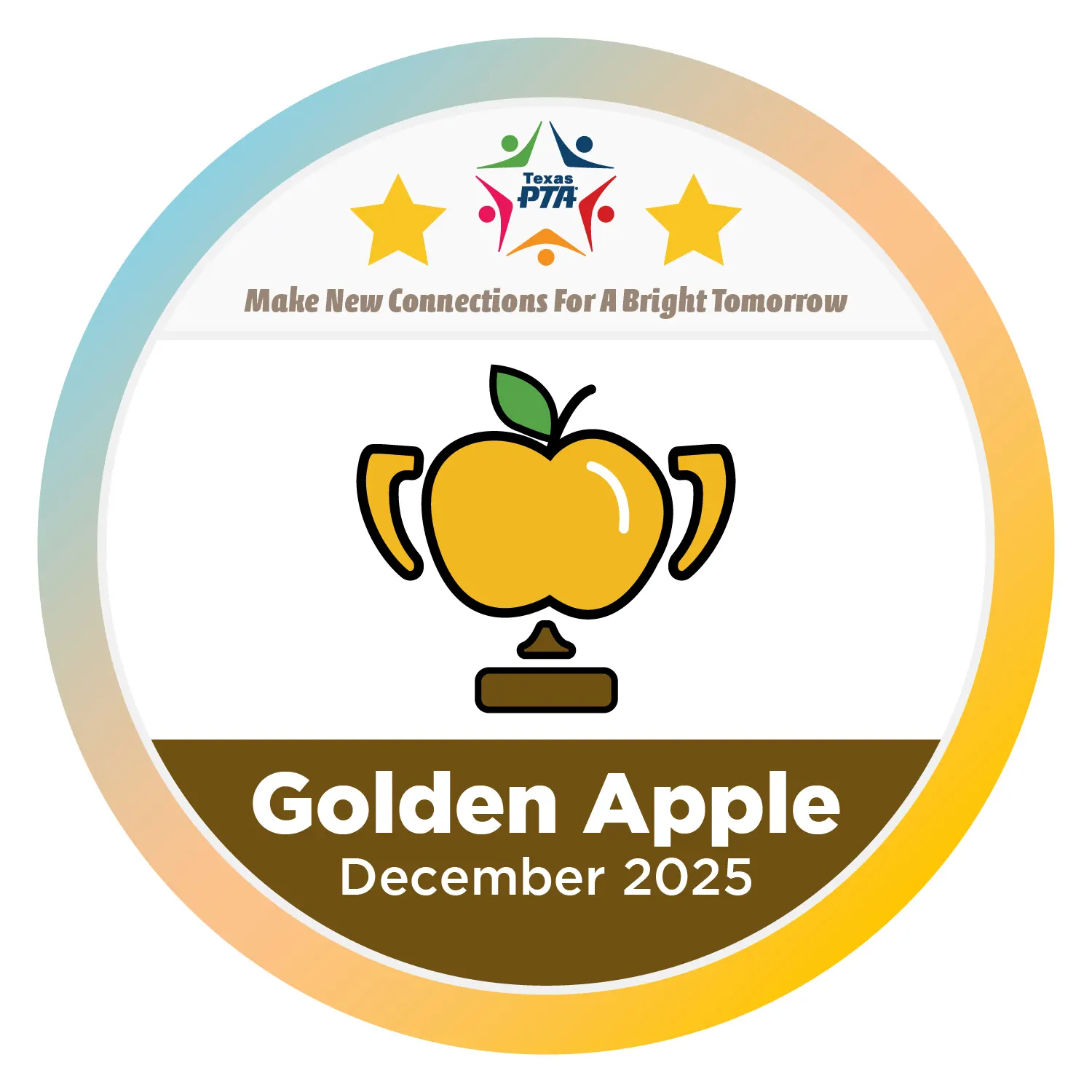 Golden Apple award badge with trophy in the shape on an apple. 