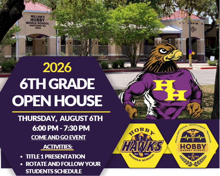 Open House Flyer for Middle school. Purple background with picture of the school with a hawk and 2 logos of the school prominent 