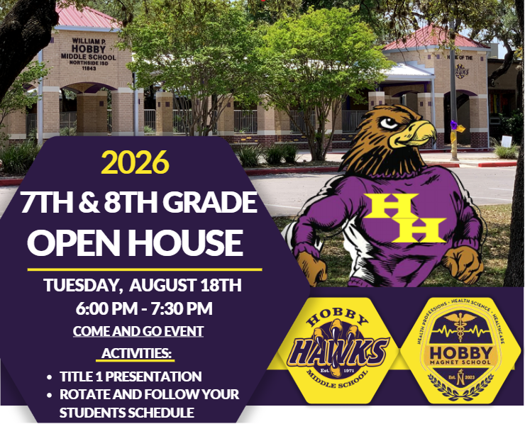 Open House Flyer for Middle school. Purple background with picture of the school with a hawk and 2 logos of the school prominent 