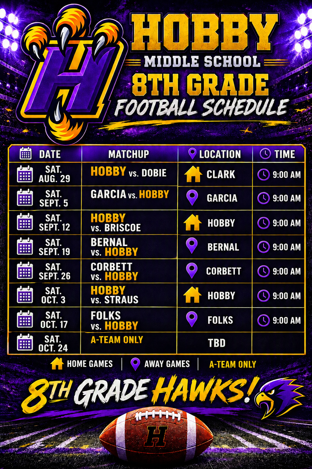 Purple and gold 2026 - 2027 8th Football schedule. Has a table with white lettering and big bold yellow and purple lettering detailing the schedule