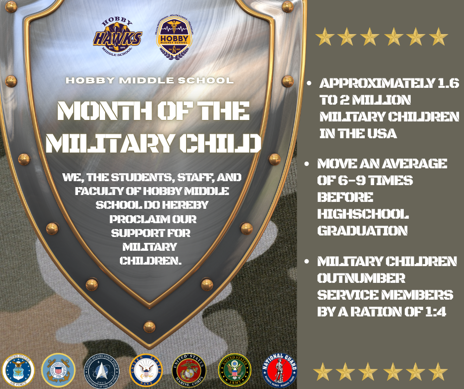 Flyer stating that Hobby Middle School Supports our Military families. Has text with facts and logos of army branches and a silver/gold shield in the middle