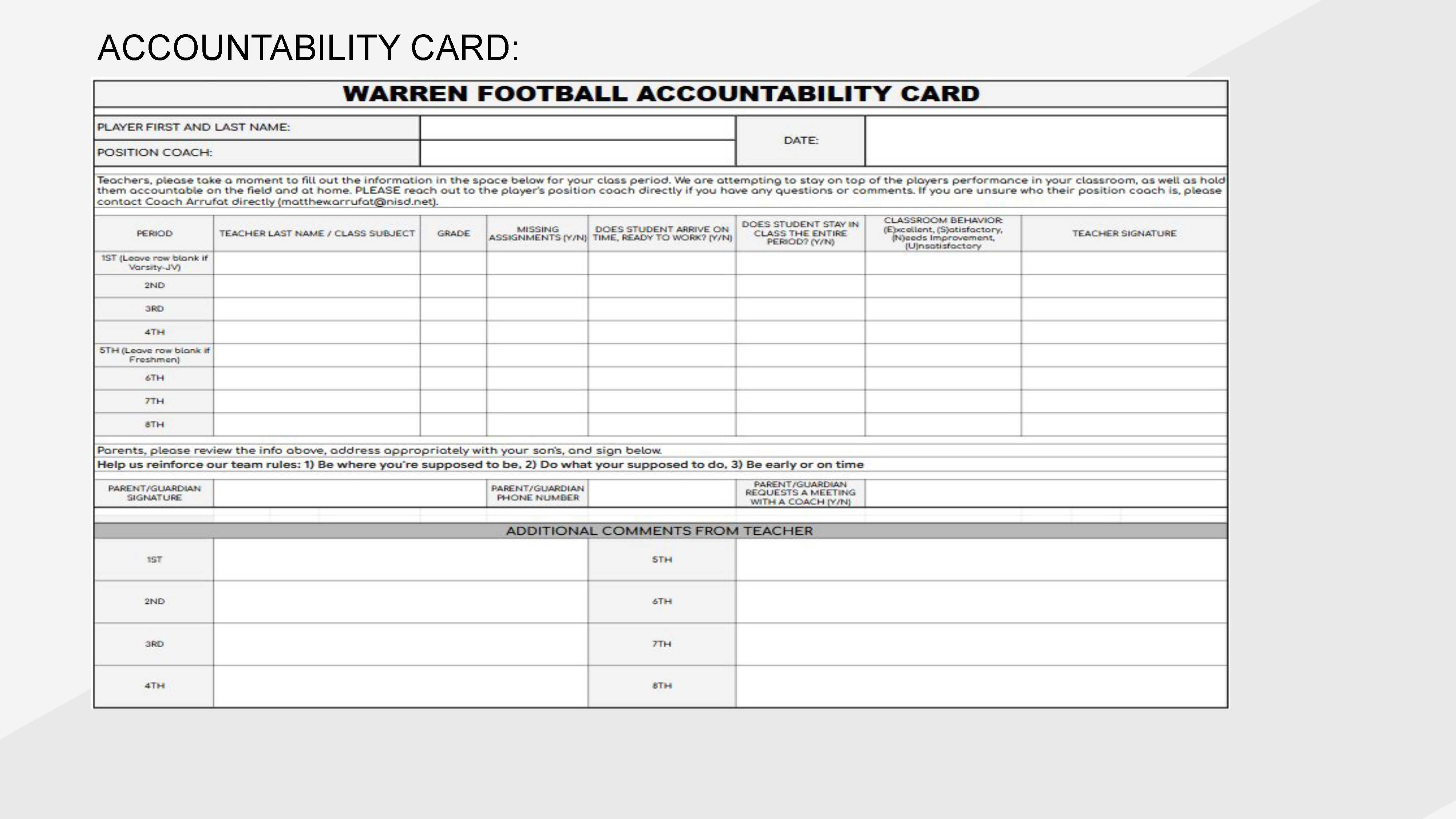 Athletics accountability card example