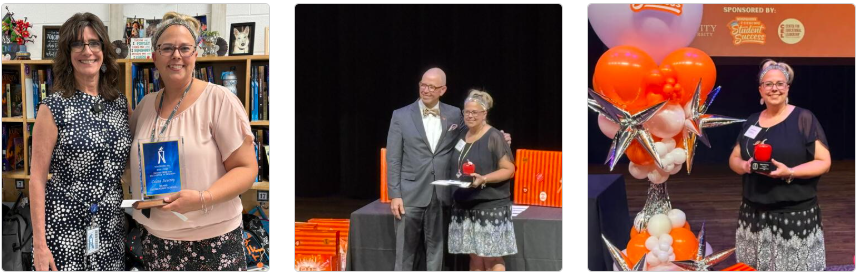 Collage of three pics of Mrs. Sweeney winning and accepting the Trinity Prize for Excellence in Teaching at a ceremony at Laurie Auditorium at Trinity University 