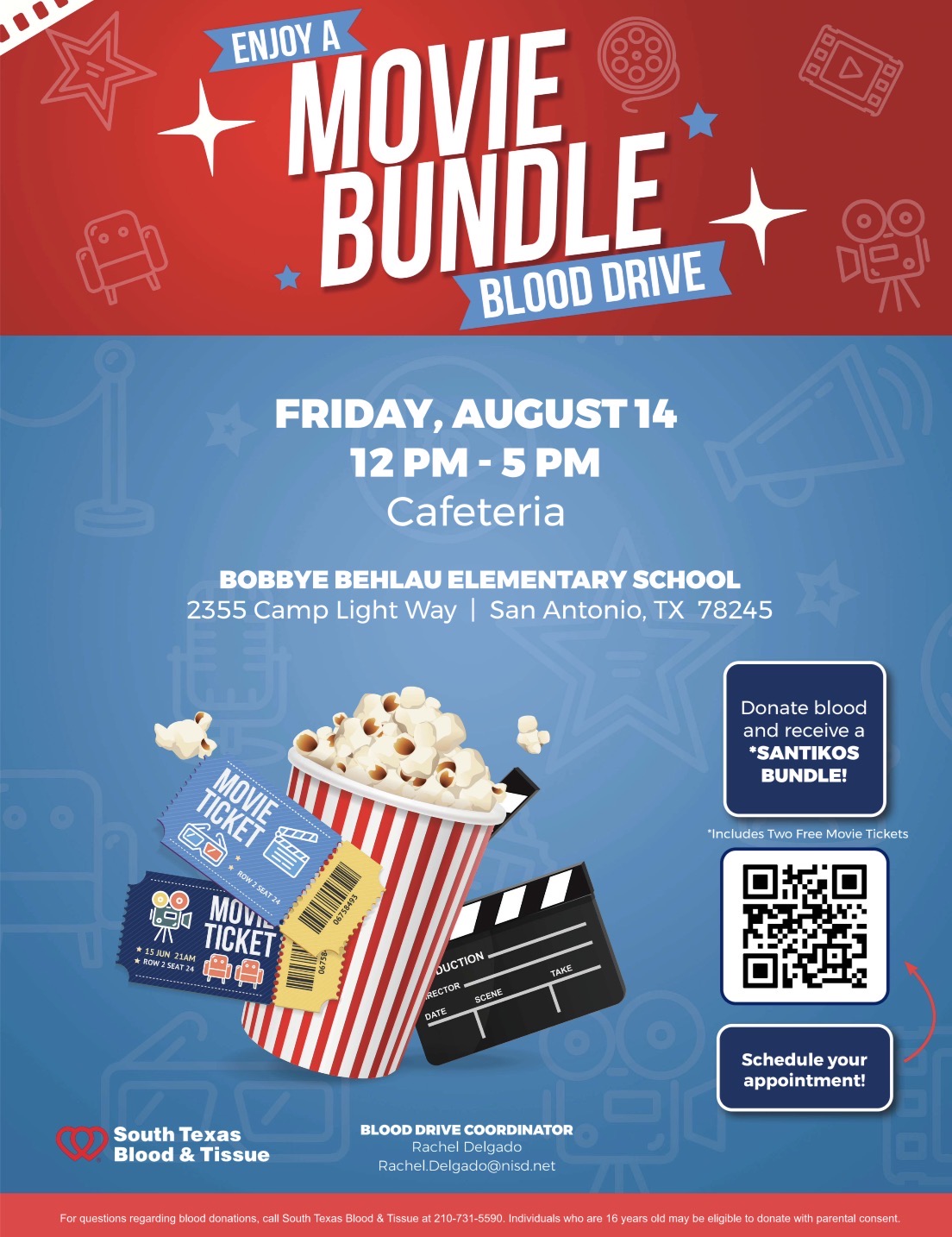 Flyer for Friday August 14th 12pm-5 pm Movie Bundle Blood Drive.