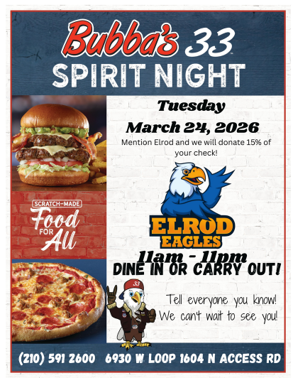 Elrod's Eagles Spirit Night at Bubba's 33- Mar. 24, 2026 ~ 11am to 11pm