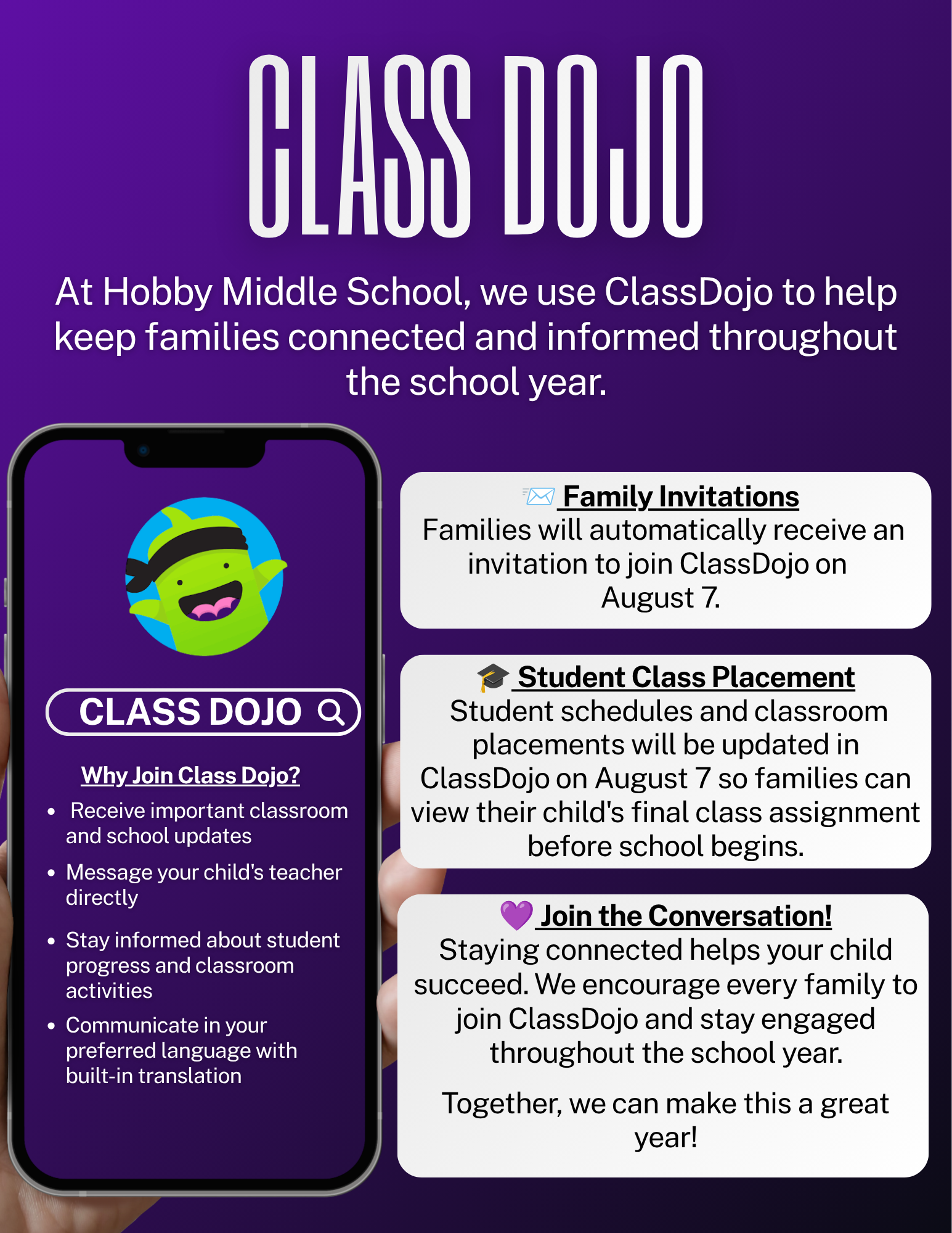 Purple background Class Dojo Flyer for hobby Middle School. Has a phone with a hand holding it and white lettering, White text boxes next to phone with black text lettering 