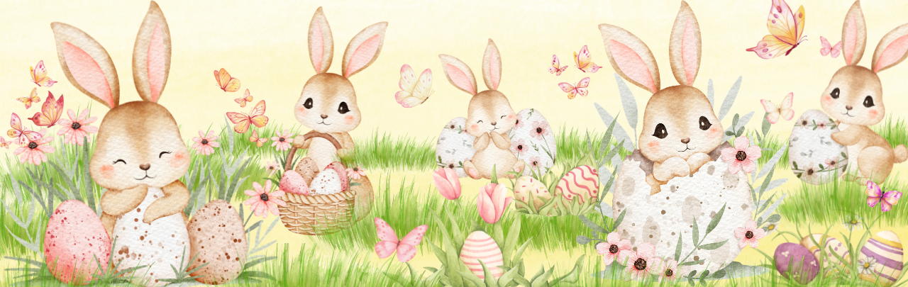 Bunnies, Easter eggs, and butterflies in a field