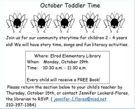 Elrod Library Toddler Time - Monday, Oct 19, 2026 at 10:30 am to 11:30 am