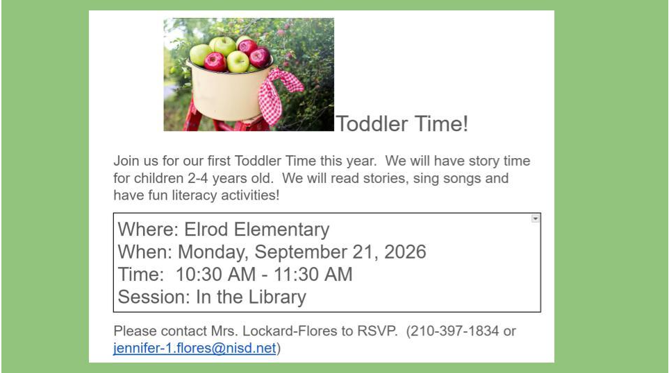 Elrod Library Toddler Time - Monday, Sept. 21, 2026 at 10:30 am to 11:30 am