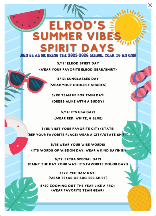Elrod Countdown to Summer spirit Days - May 11, 2026 to May 21, 2026