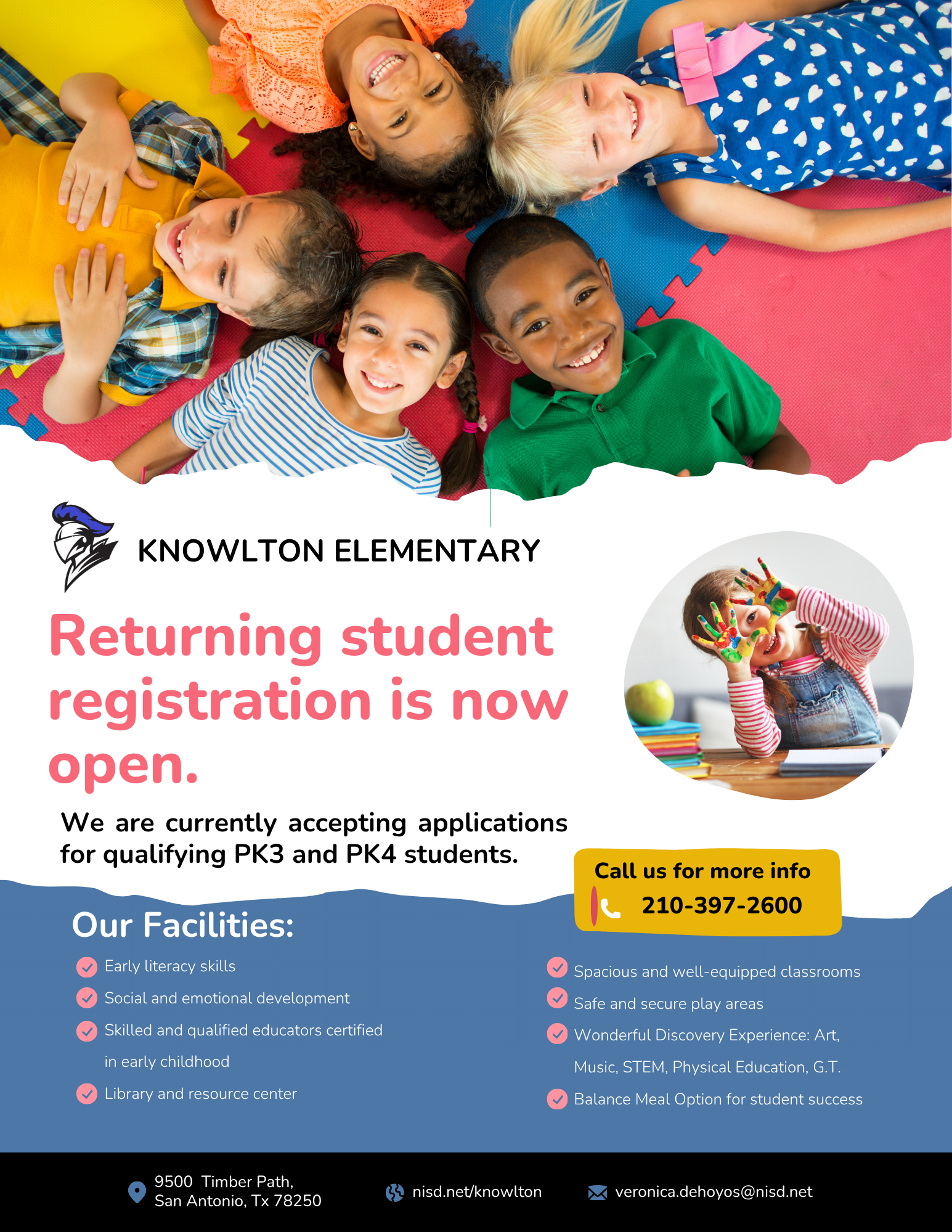 Returning student registration is now open. We are currently accepting applications for qualifying PK3 and PK4 students.   