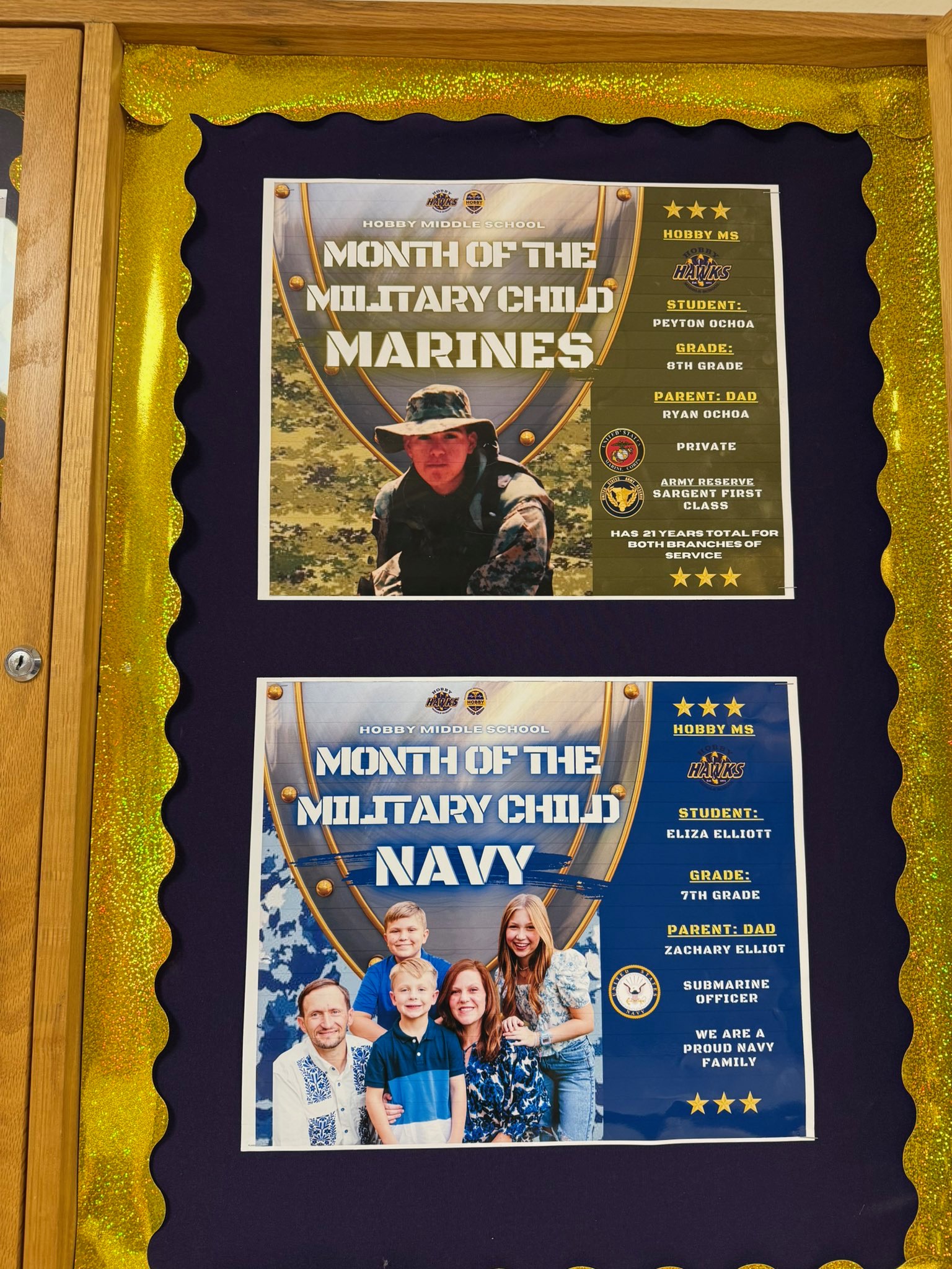 Picture of posters in a display case that has Military Families with their designation and rank