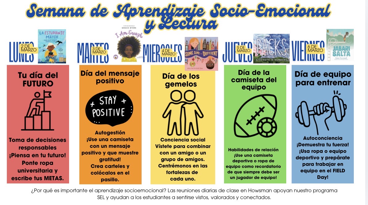 Social Emotional Learning and Read Week with Dress Up days in spanish
