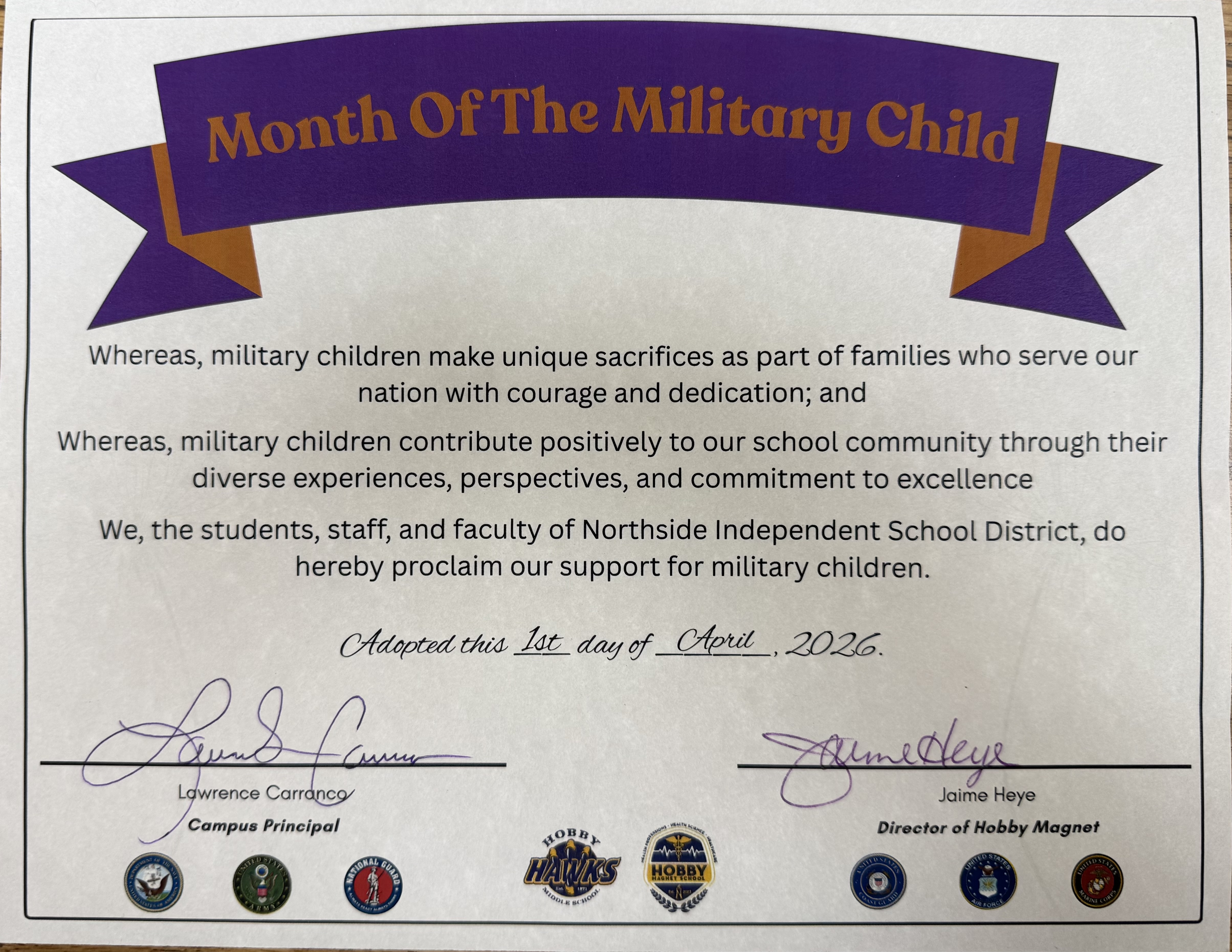 Proclamation of the month of the military child