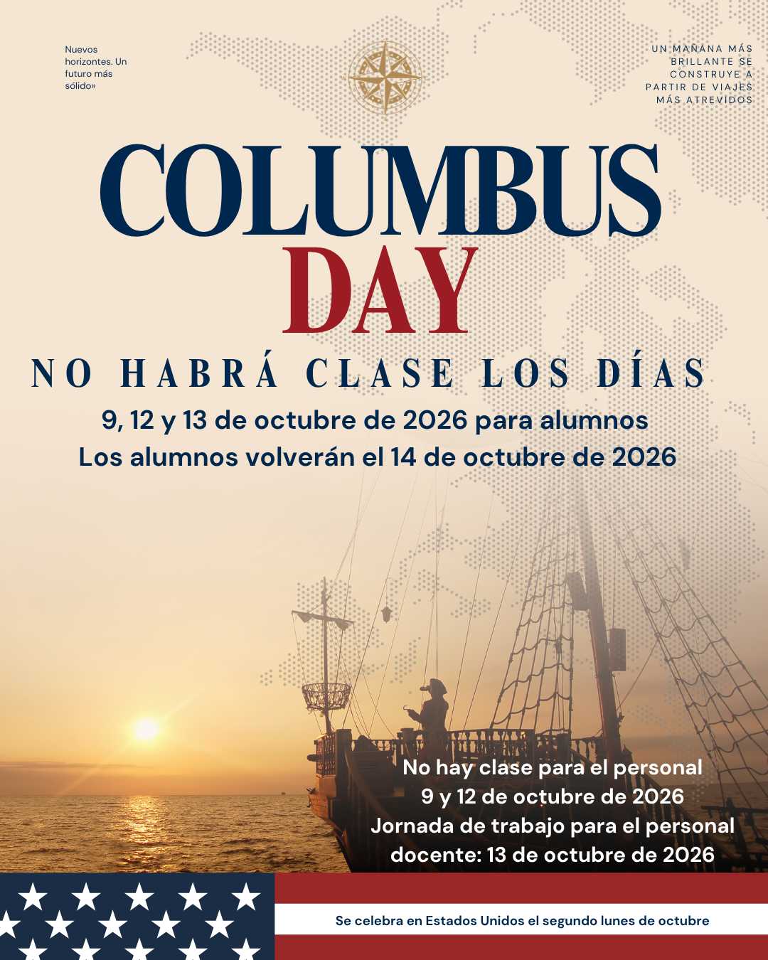 ¡Atención! Los días 9, 12 y 13 de octubre son festivos para los alumnos y jornada de formación para el personal. ¡Disfrutad del fin de semana largo y nos vemos de nuevo en clase el miércoles 14 de octubre de 2026! 