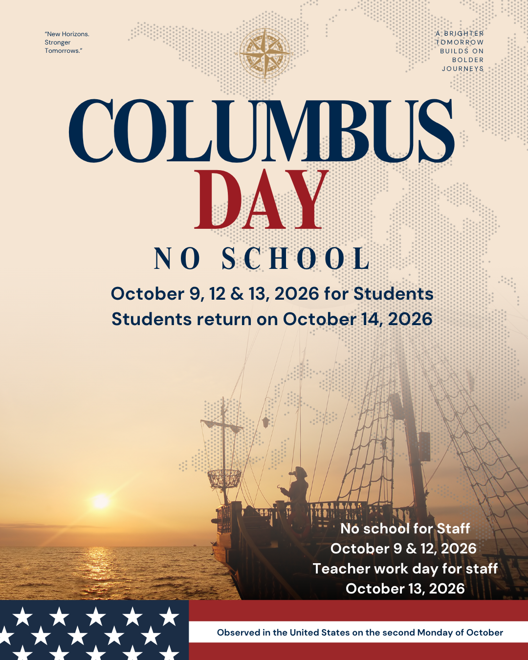 Heads up! Oct. 9, 12 & 13, is a student holiday and a staff development day.  Enjoy the long weekend, and we’ll see you back in class on Wednesday, Oct. 14, 2026! 