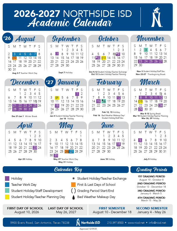 2026-2027 NISD Calendar
