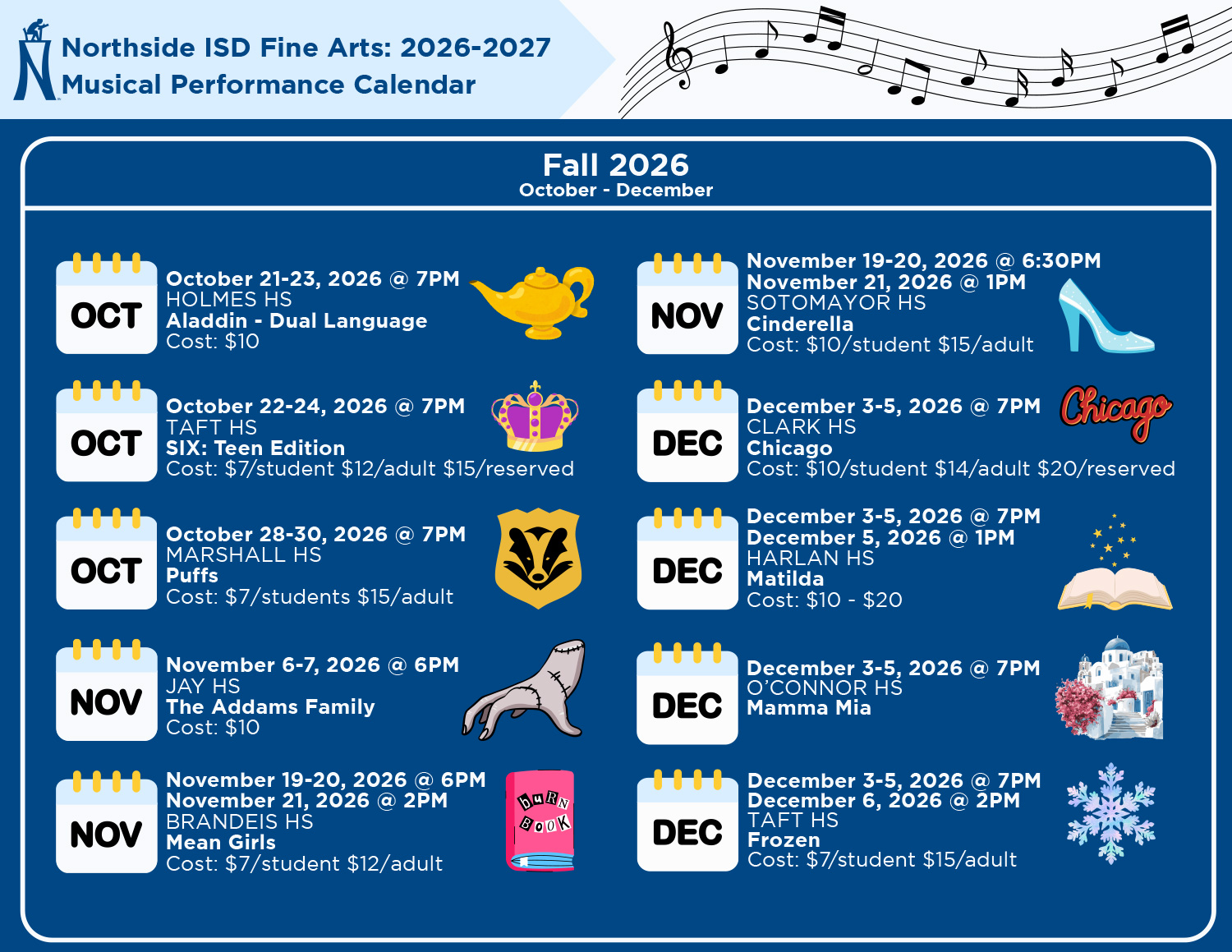 Northside ISD Fine Arts Fall 2026 musical performance calendar. Refer to the embedded Google Calendar below for performance dates, times, locations and ticket information.