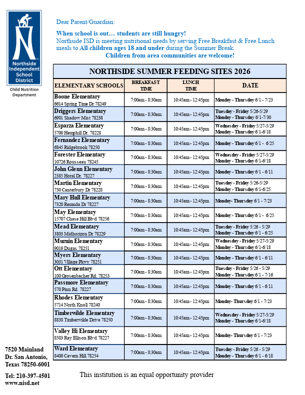 Free Breakfast & Lunch For Children 18 years and under provided at various NISD schools ~ Desayuno Y Aluerzo Gratuitas Para Niños Menores de 18 Años Proporcionadas en Varias Escuelas de NISD