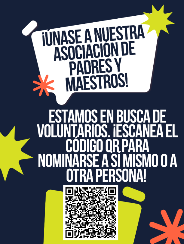 flyer repeats the same message in Spanish: '¡ÚNASE A NUESTRA ASOCIACIÓN DE PADRES Y MAESTROS! ESTAMOS EN BUSCA DE VOLUNTARIOS. ¡ESCANEE EL CÓDIGO QR PARA NOMINARSE A SÍ MISMO O A ALGUIEN MÁS!' The design is accented with bright yellow stars and orange bursts."