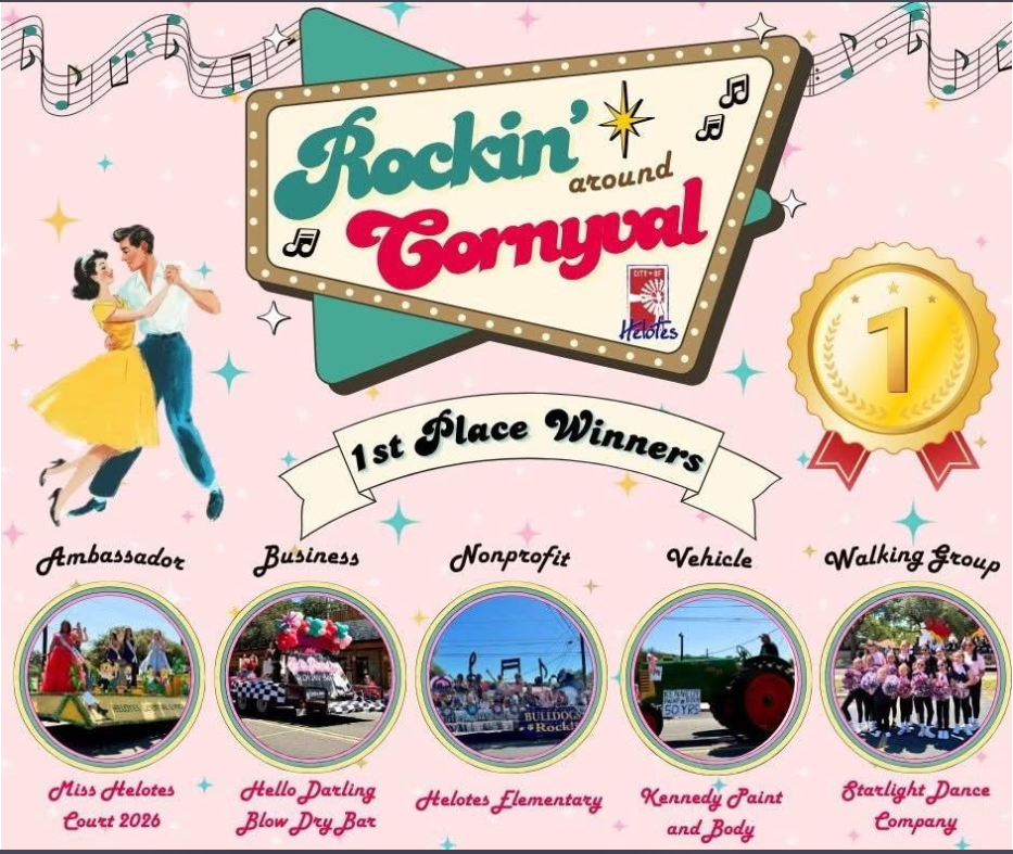 Pic of first place winners of the 2026 Cornyval Parade on a pink background and old rock music vibe.  First place winning categories include Ambassador, Business, Non profit, Vehicle and Walking Group