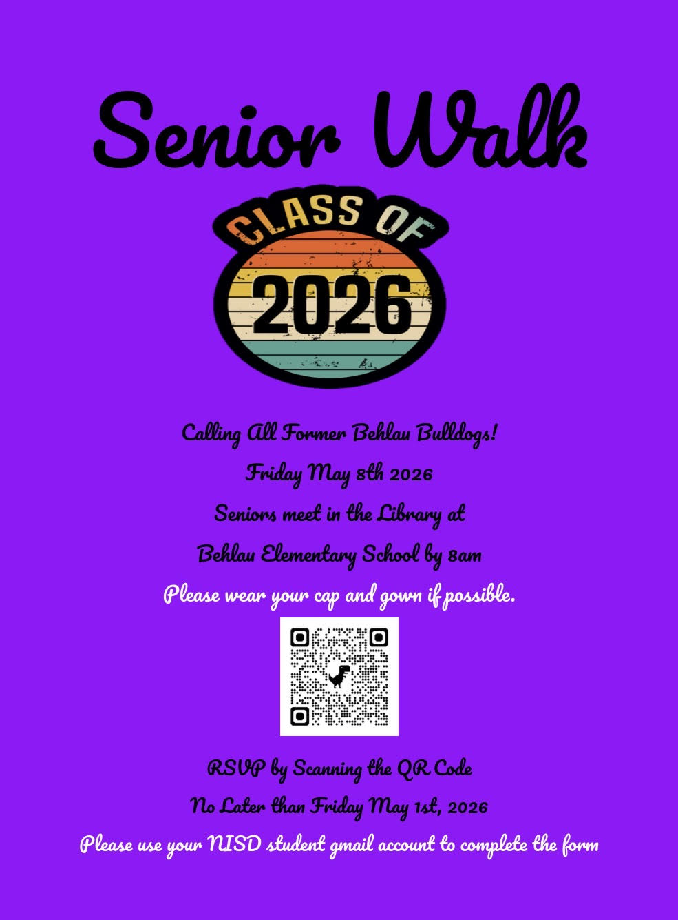 A vibrant purple promotional flyer for the "Senior Walk" celebrating the Class of 2026. At the top, the words "Senior Walk" are written in a large, black cursive font. Below this is a retro-style circular emblem featuring a sunset background with "CLASS OF 2026" in bold text. The flyer invites "Former Behlau Bulldogs" to the event on Friday, May 8th, 2026. Instructions state that seniors should meet in the Behlau Elementary School Library by 8:00 AM and wear their cap and gown if possible. The bottom includ