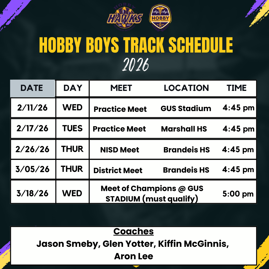 black background Track schedule with yellow and purple slashes.  hobby ms logos and black lettering 