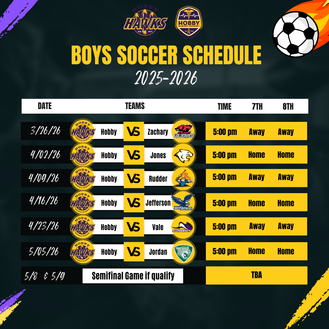 black background Soccer schedule with yellow and purple slashes. Soccer ball in top right corner with hobby ms logos and black lettering 
