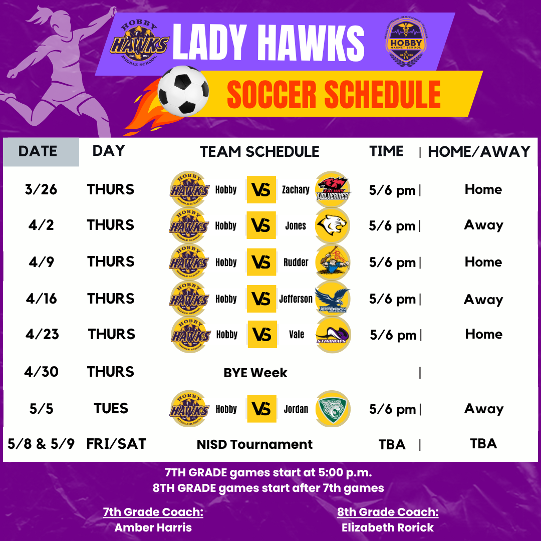 Lady Hawk Soccer Schedule for 2026 with a purple background and a white box in front with black text stating time/day for the schedule. Lady kicking soccer ball on fire on the top near title