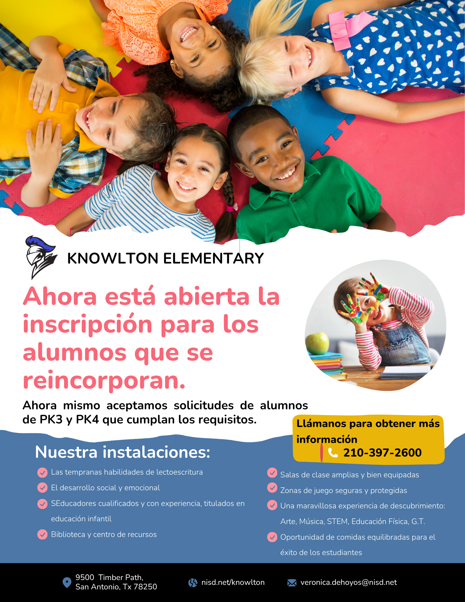 Ahora está abierta la inscripción para los alumnos que se reincorporan.  Ahora mismo aceptamos solicitudes de alumnos de PK3 y PK4 que cumplan los requisitos. 