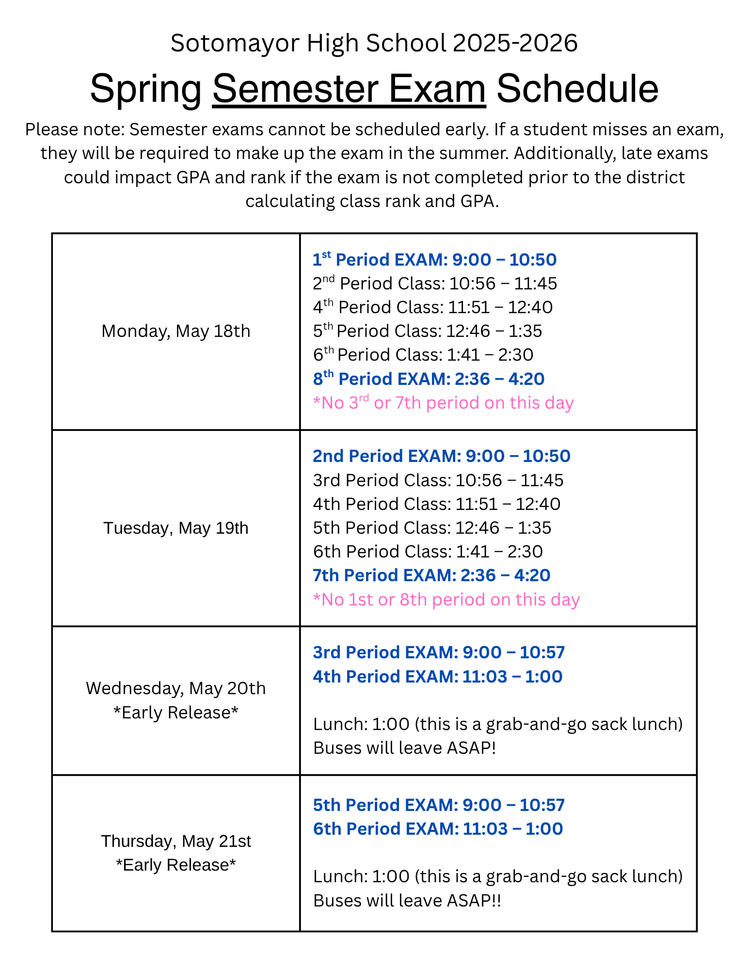 Please note: Semester exams cannot be scheduled early. If a student misses an exam, they will be required to make up the exam in the summer. Additionally, late exams could impact GPA and rank if the exam is not completed prior to the district calculating class rank and GPA.