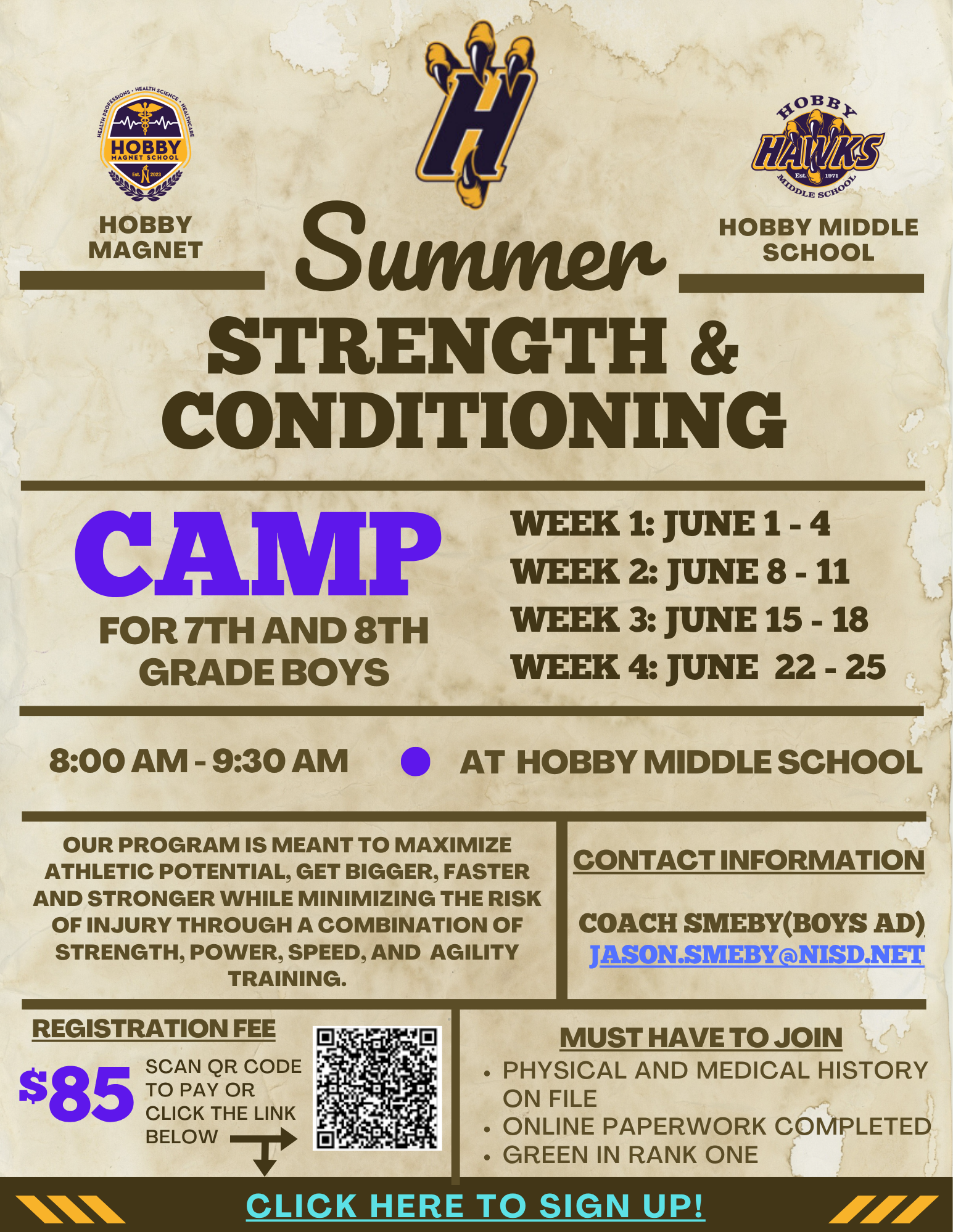 Flyer for Hobby Hawk Strength and Conditioning Camp