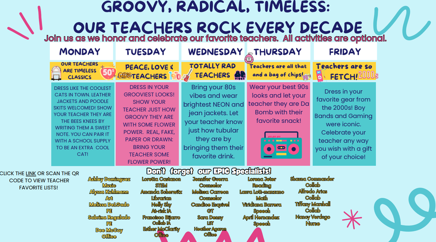 A colorful, retro-themed flyer titled “GROOVY, RADICAL, TIMELESS: OUR TEACHERS ROCK EVERY DECADE.” The background is white with light blue abstract swirls, neon pink lightning bolts, and geometric patterns.  The flyer features a weekly schedule with five columns, each representing a different decade:  Monday (50s): Features a vinyl record. Encourages 50s attire and writing sweet notes to teachers.  Tuesday (70s): Features a smiley face and flower. Encourages "groovy" looks and bringing flowers.  Wednesday (