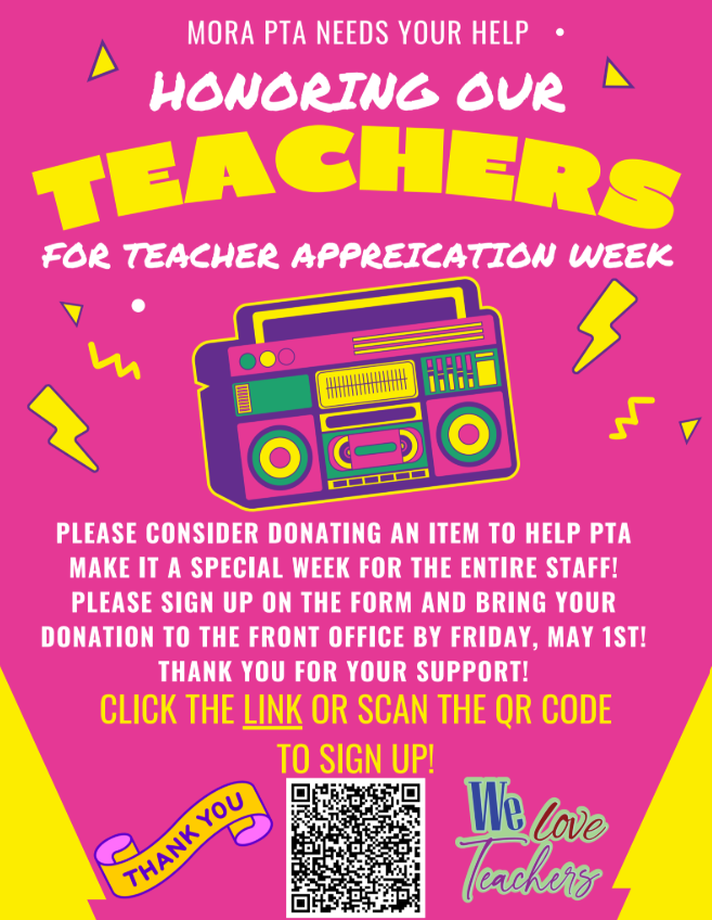 A vibrant, retro-themed flyer with a bright pink background and neon accents titled "MORA PTA NEEDS YOUR HELP • HONORING OUR TEACHERS FOR TEACHER APPRECIATION WEEK."  The center of the flyer features a large illustration of a 1980s-style boombox in blue, yellow, and green, surrounded by yellow lightning bolts and geometric triangles. Below the boombox, the text asks families to "Please consider donating an item to help PTA make it a special week for the entire staff!" It instructs parents to sign up via a p