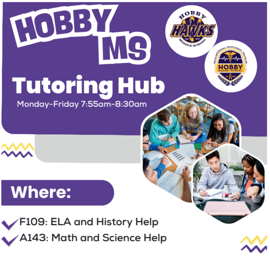 Purple and White Tutoring flyer with pictures of students studying and white/black letter stating the times and places at Hobby Middle School