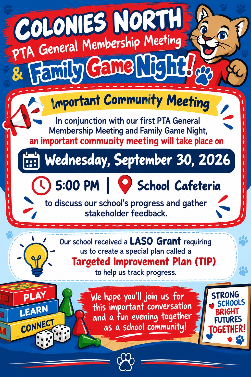 Flyer with information on Family Game Night taking place September 30, 2026 at 5pm.
