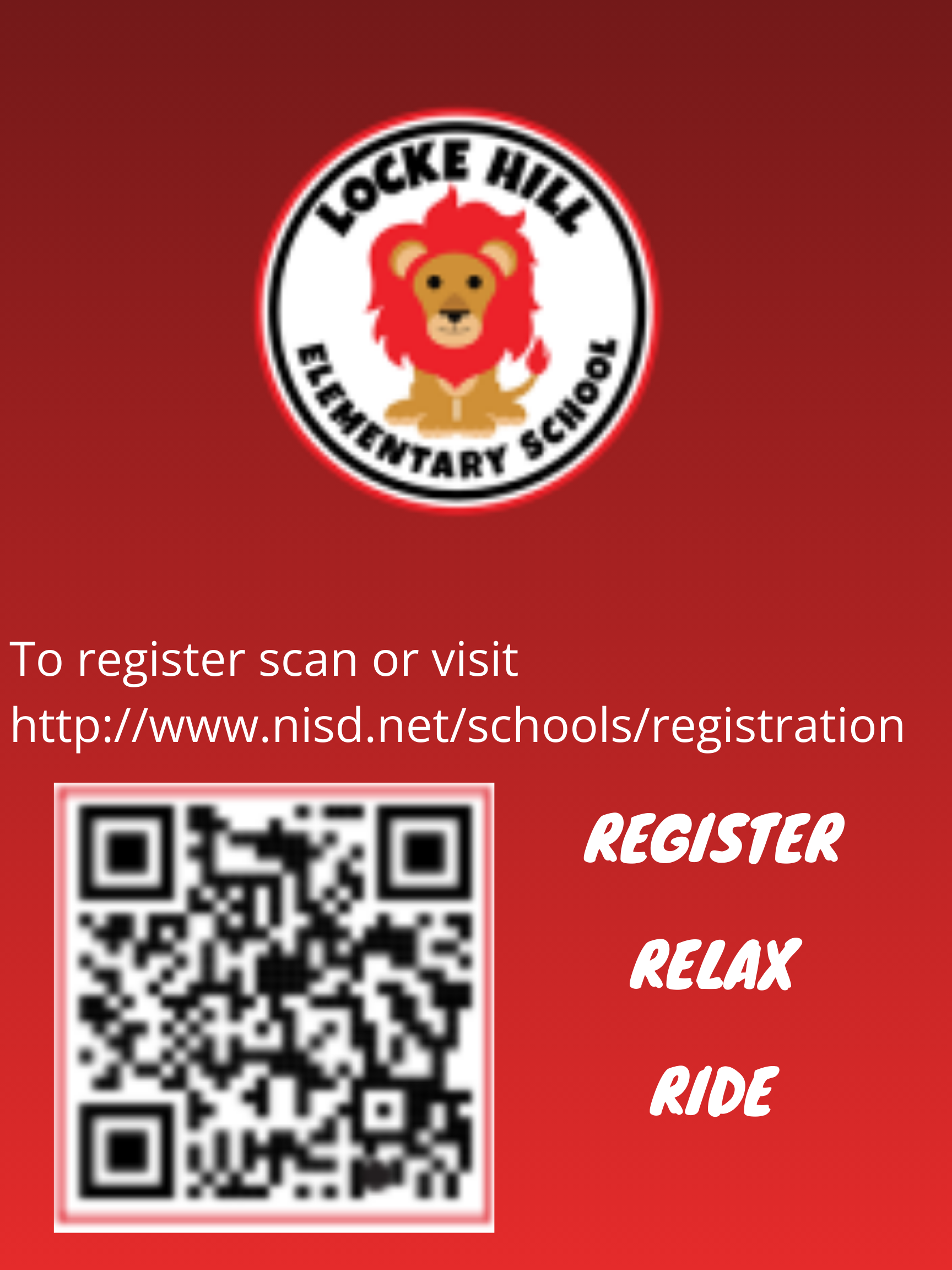 Digital image of Locke Hill Elementary lion mascot that has QR code that reads register, ride, relax