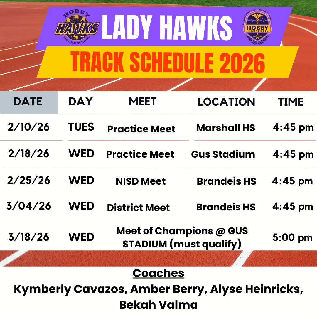 Lady Hawk Track schedule with Background of a Running track with white boxes in front with black lettering 